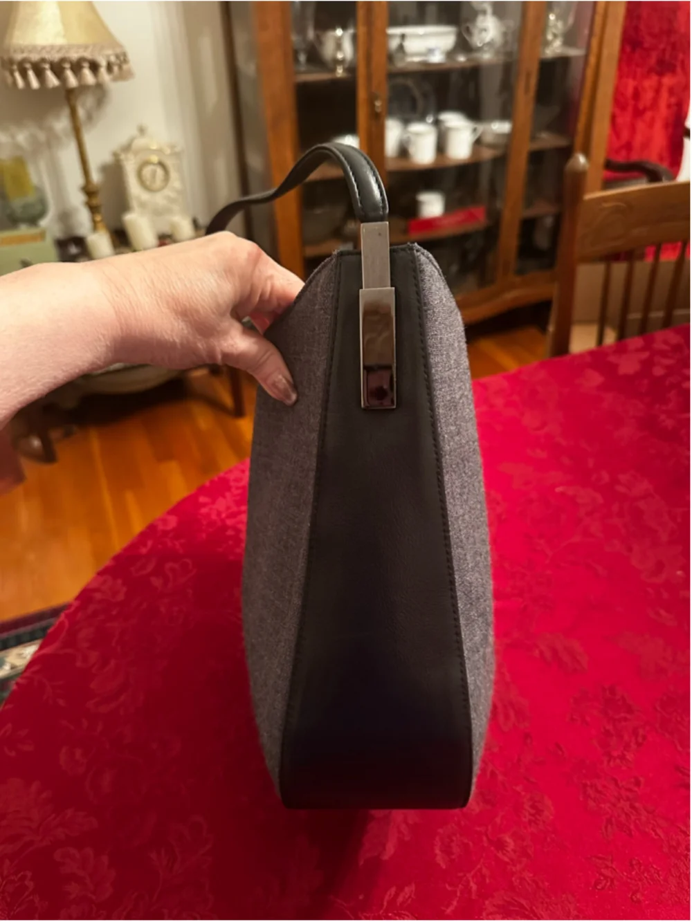 Gianni Versace Gray Wool and Black Leather Medusa Hobo Bag